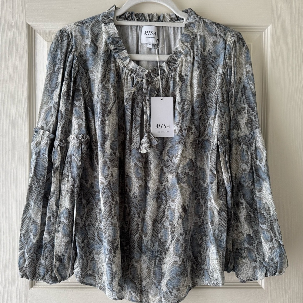 New MISA Los Angeles Renata Split-Neck Top in Snake-Print, size S